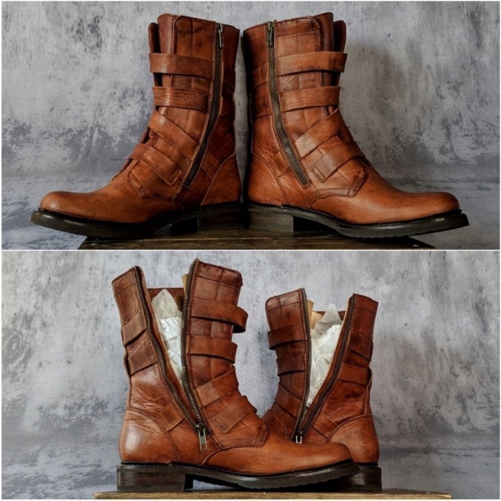Frye Women's Tan Leather Moto Boots - Picture 2 of 8